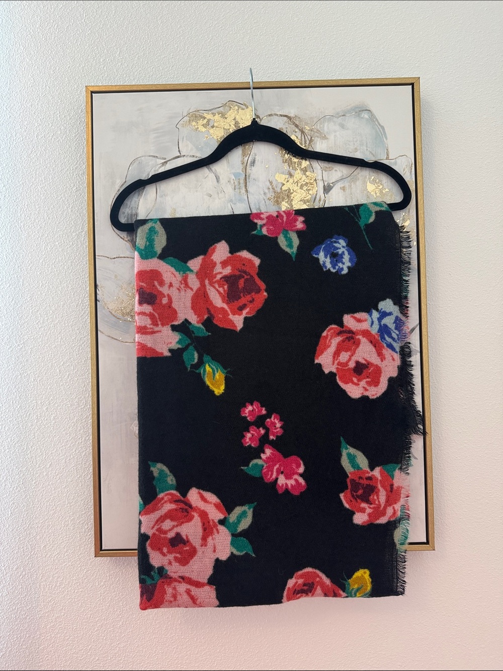 6/14 Mixit Black Floral Knit Scarf with Multicolor Rose Motif